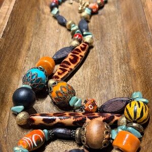 Chico's Exotic Multicolor Wood Beaded Necklace 30in approx